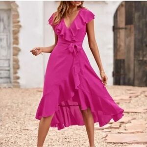 Appraisal Hot Pink Ruffle Wrap Dress Size 16 Belted